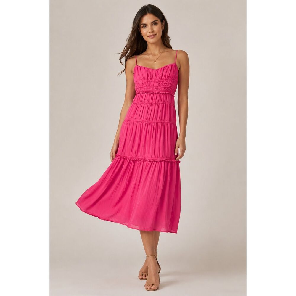 Anthropologie Pink Pleated Tiered Midi Dress Sleeveless US 0
